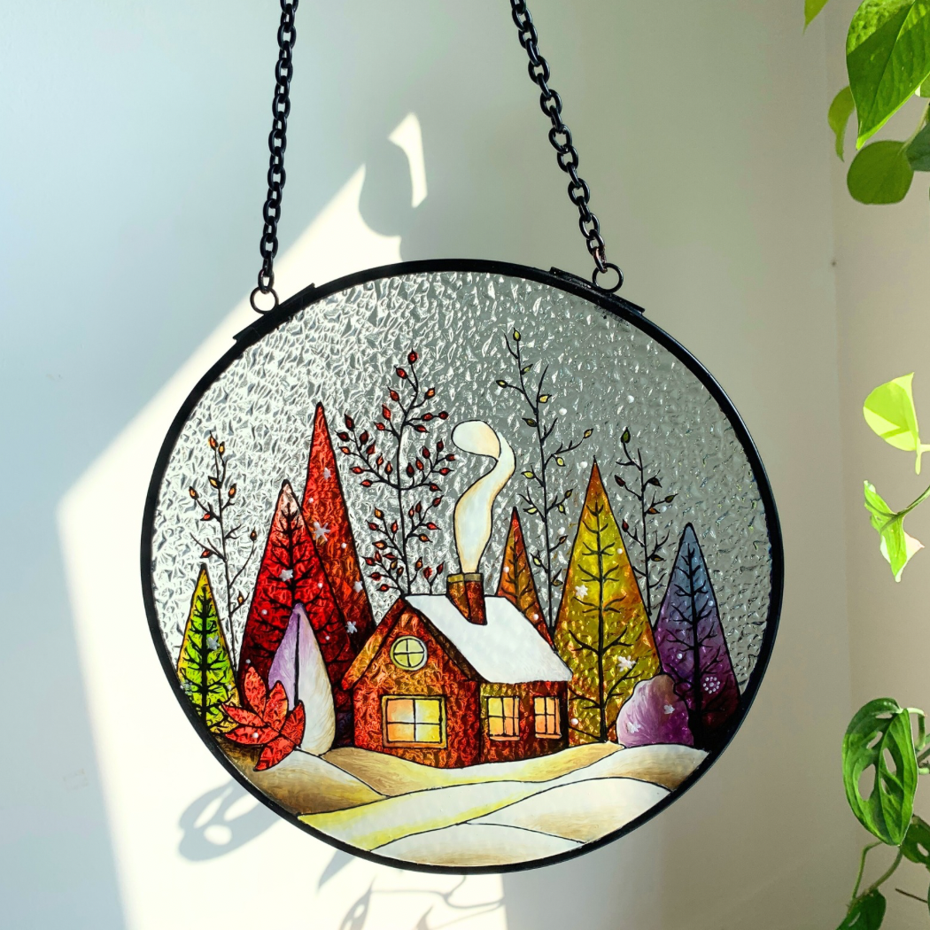 Snow Landscape Stained Glass Suncatcher for Indoor Decor and Window Hanging