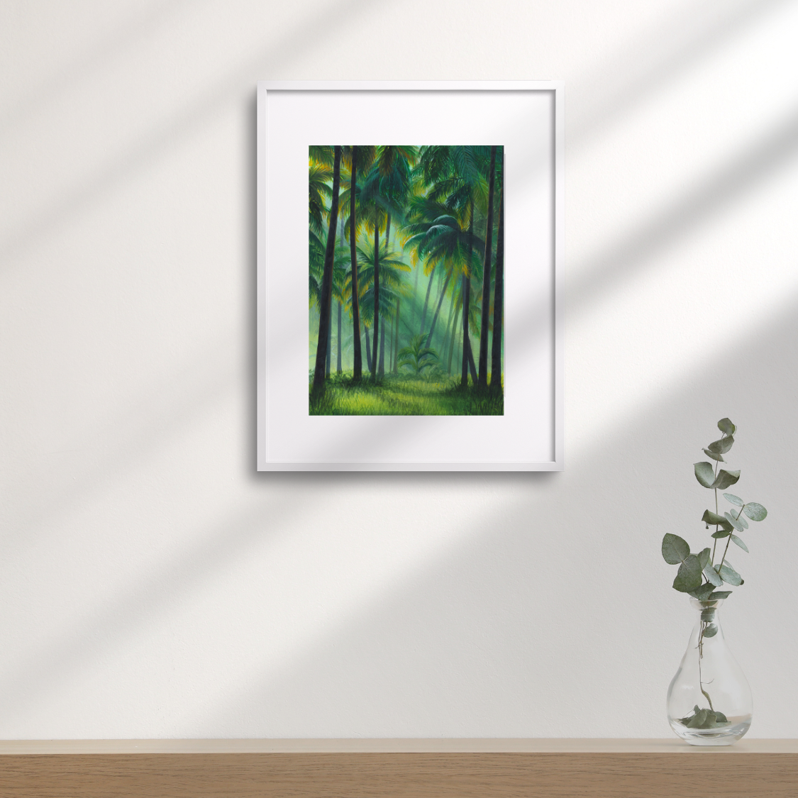 Forest Painting Wall Decor for Living Room with Sunray through Palm Trees in Tropical Forest Landscape Wallpaper Art Print for Home Decor