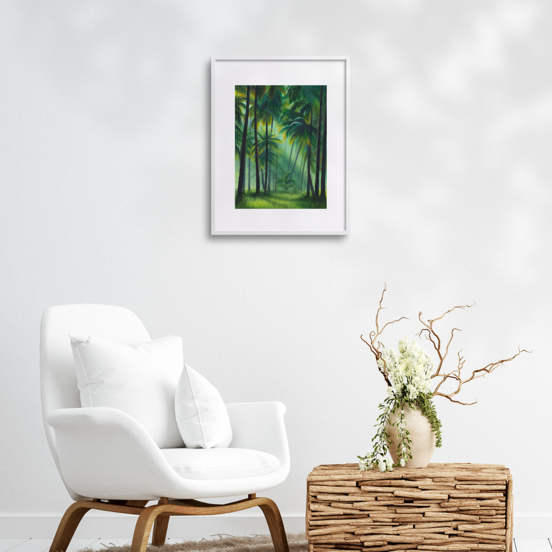 Forest Painting Wall Decor for Living Room with Sunray through Palm Trees in Tropical Forest Landscape Wallpaper Art Print for Home Decor