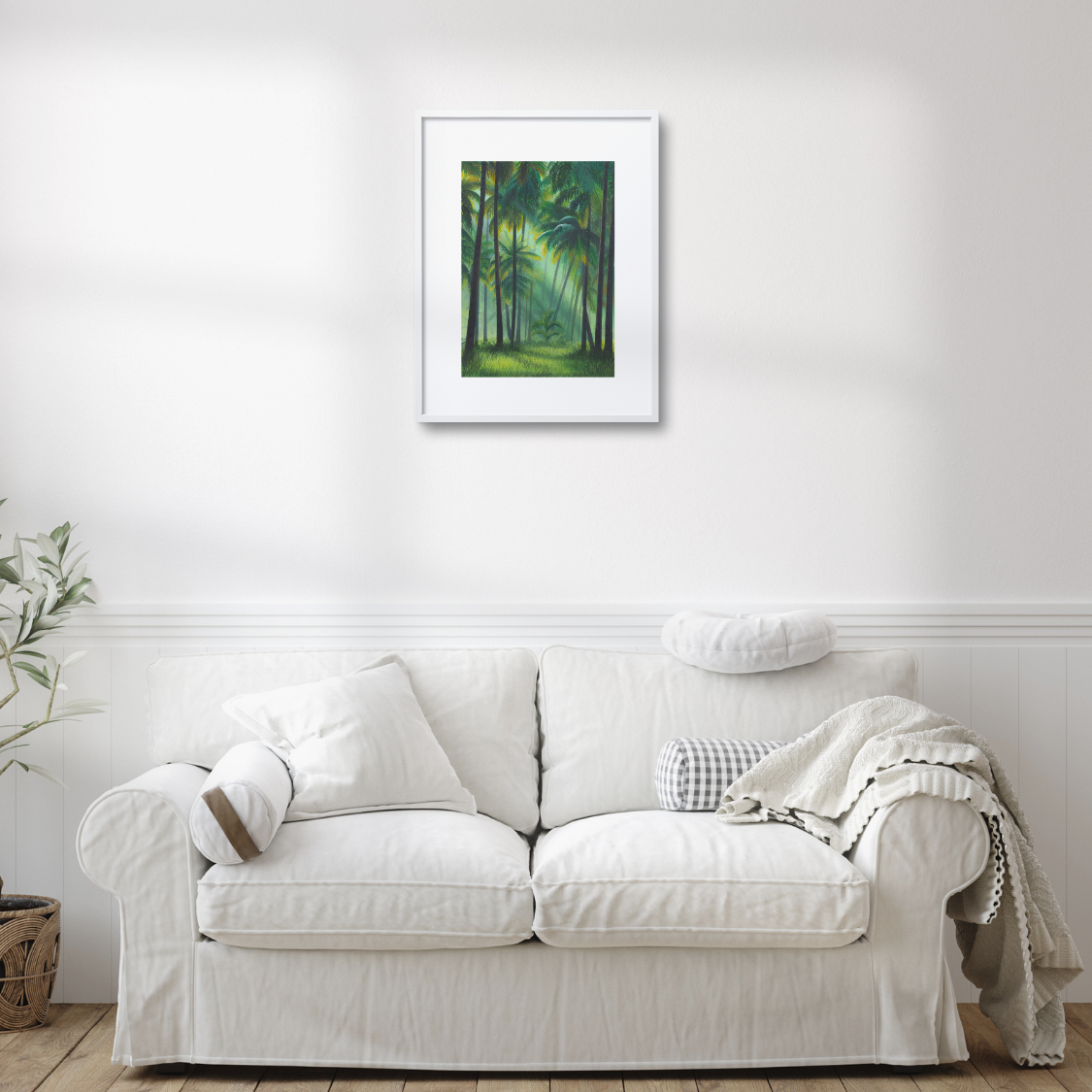 Forest Painting Wall Decor for Living Room with Sunray through Palm Trees in Tropical Forest Landscape Wallpaper Art Print for Home Decor
