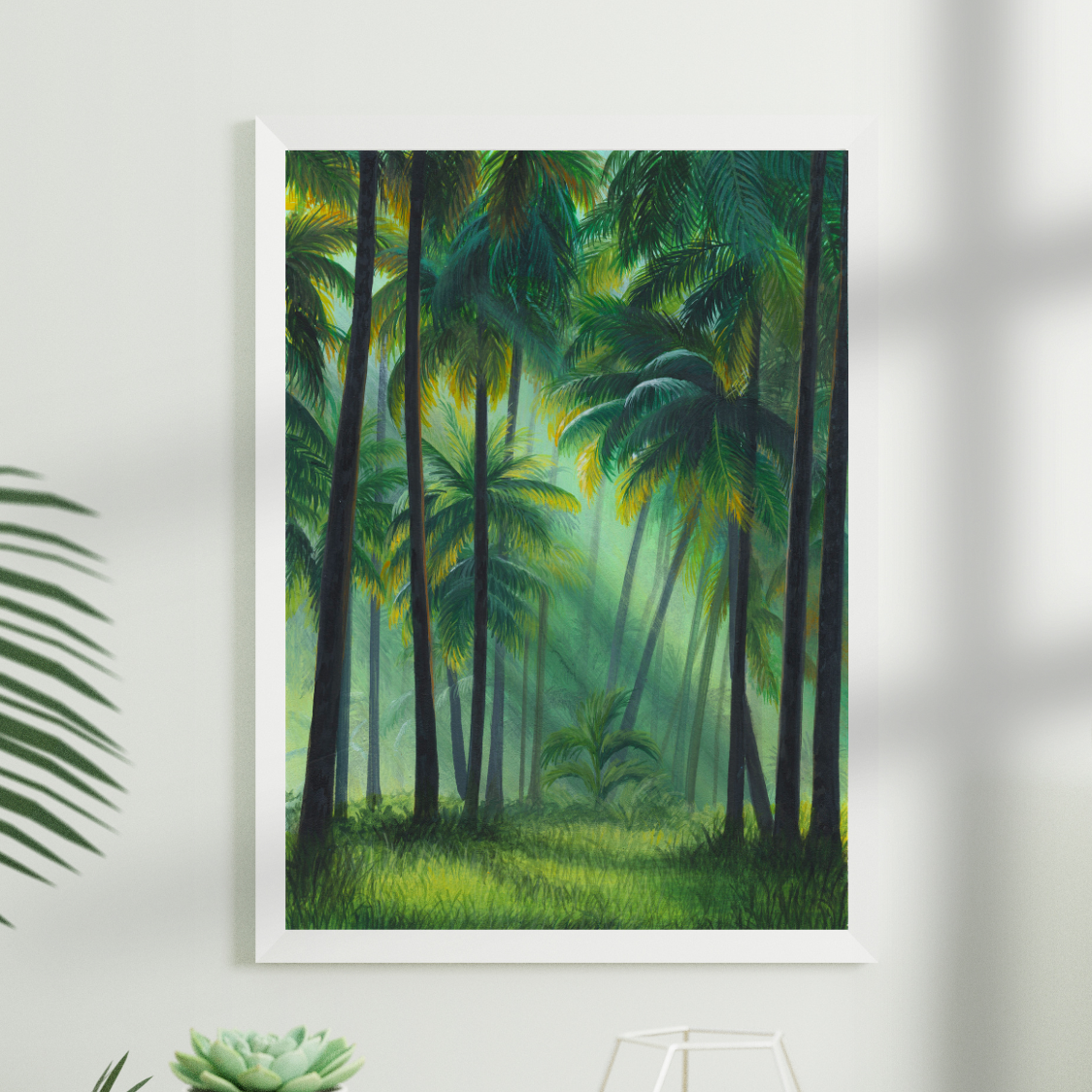 Forest Painting Wall Decor for Living Room with Sunray through Palm Trees in Tropical Forest Landscape Wallpaper Art Print for Home Decor