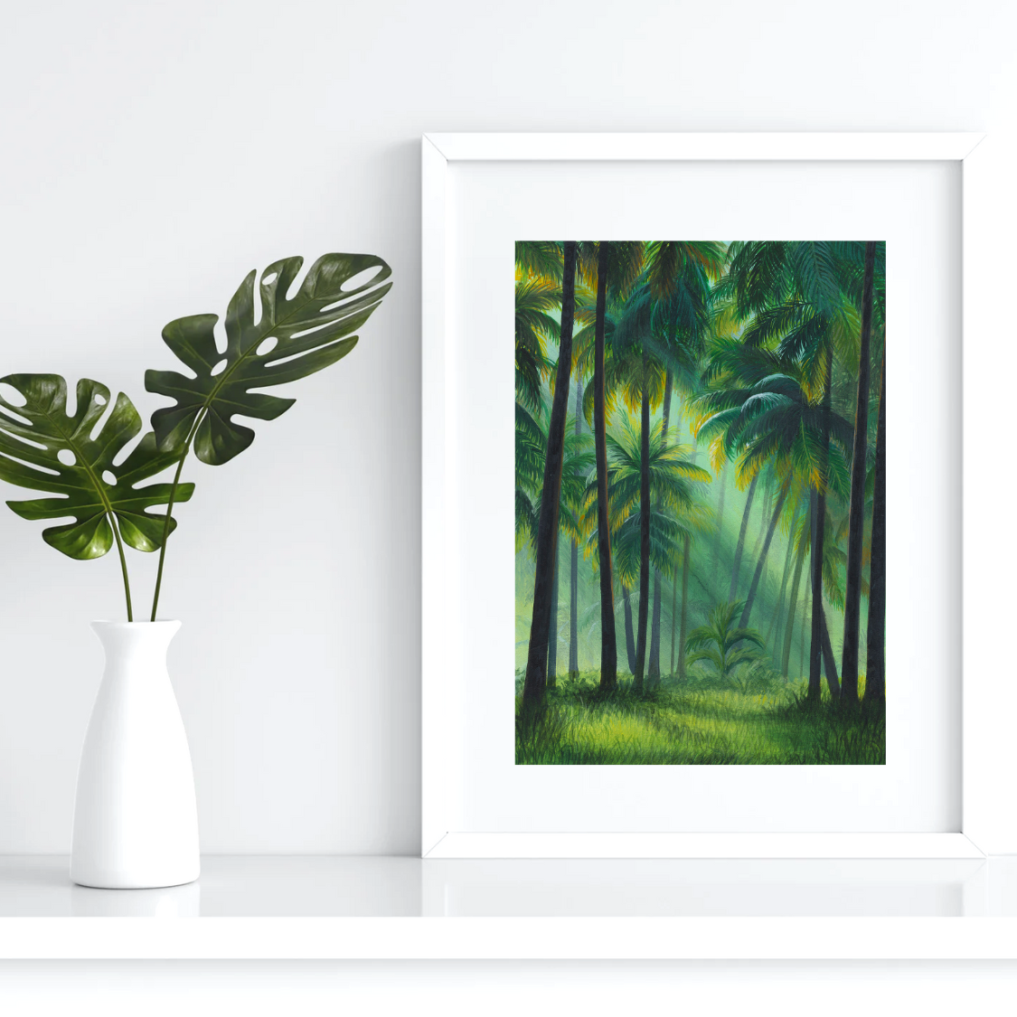 Forest Painting Wall Decor for Living Room with Sunray through Palm Trees in Tropical Forest Landscape Wallpaper Art Print for Home Decor