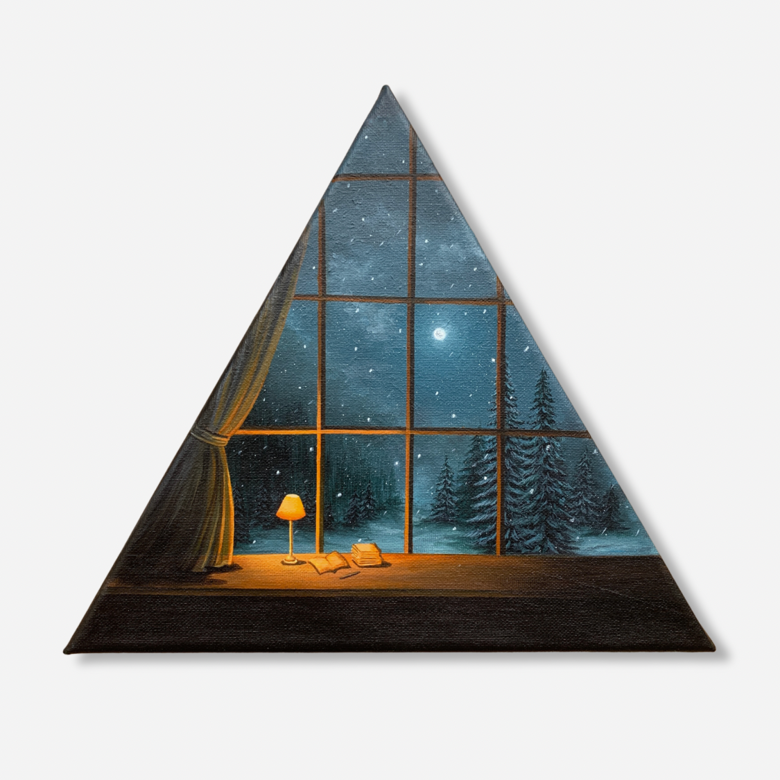 Snowfall Pine Trees Landscape in a Full Moon Night Sky through the Window of Warm and Cozy Room