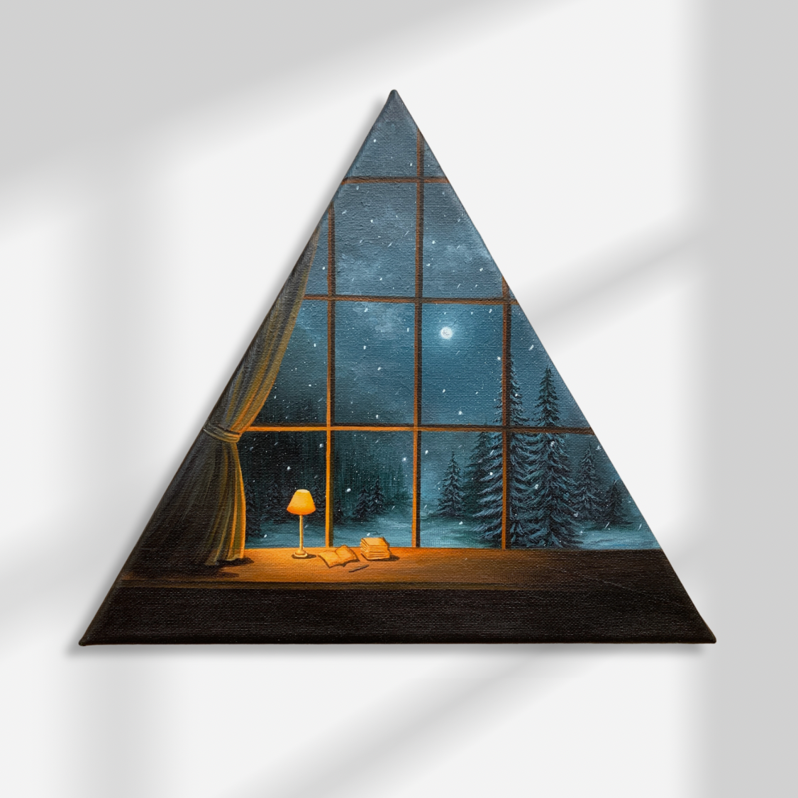 Snowfall Pine Trees Landscape in a Full Moon Night Sky through the Window of Warm and Cozy Room