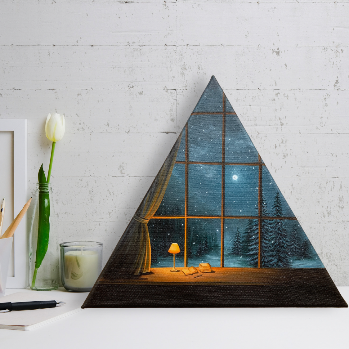 Snowfall Pine Trees Landscape in a Full Moon Night Sky through the Window of Warm and Cozy Room