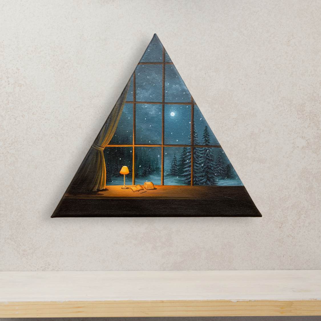 Snowfall Pine Trees Landscape in a Full Moon Night Sky through the Window of Warm and Cozy Room