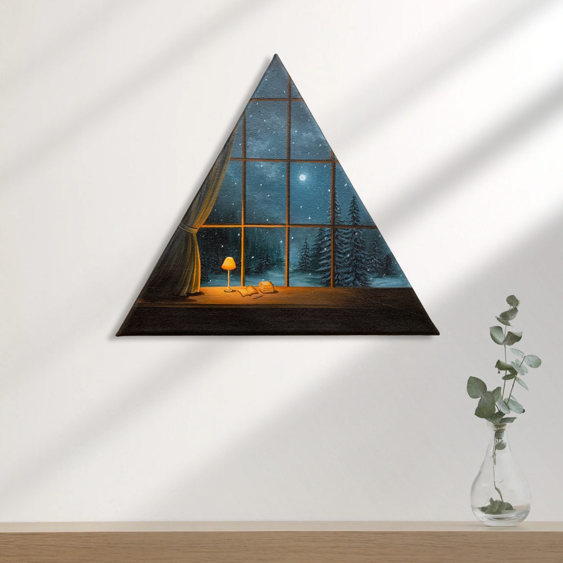 Snowfall Pine Trees Landscape in a Full Moon Night Sky through the Window of Warm and Cozy Room