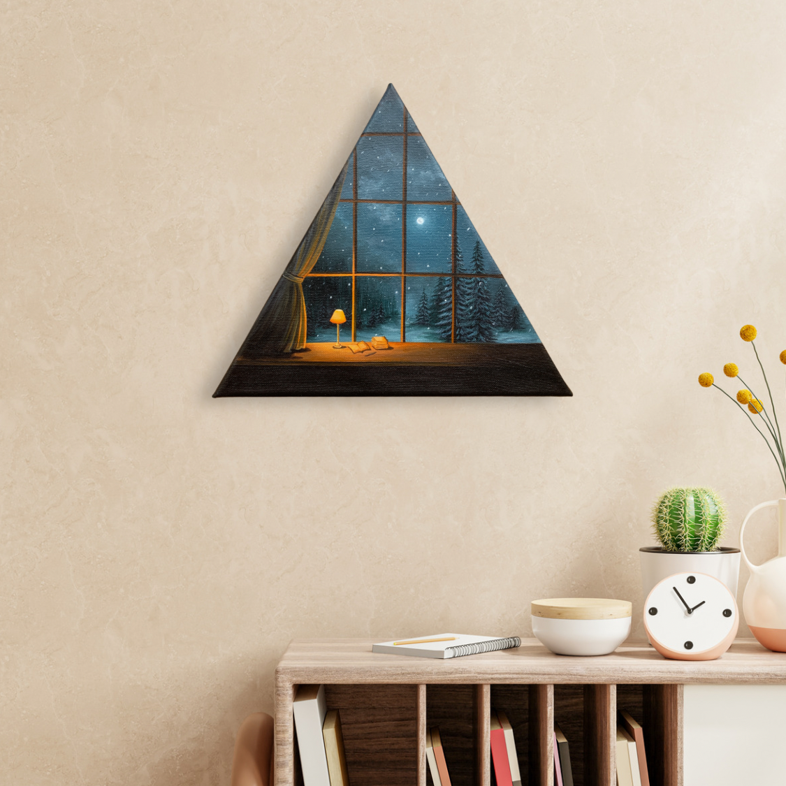 Snowfall Pine Trees Landscape in a Full Moon Night Sky through the Window of Warm and Cozy Room