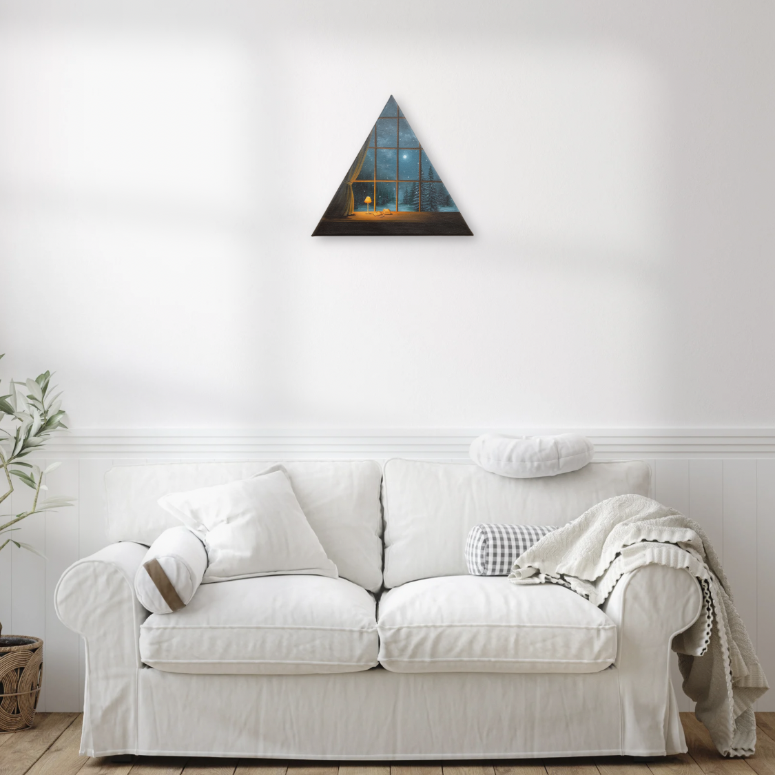 Snowfall Pine Trees Landscape in a Full Moon Night Sky through the Window of Warm and Cozy Room