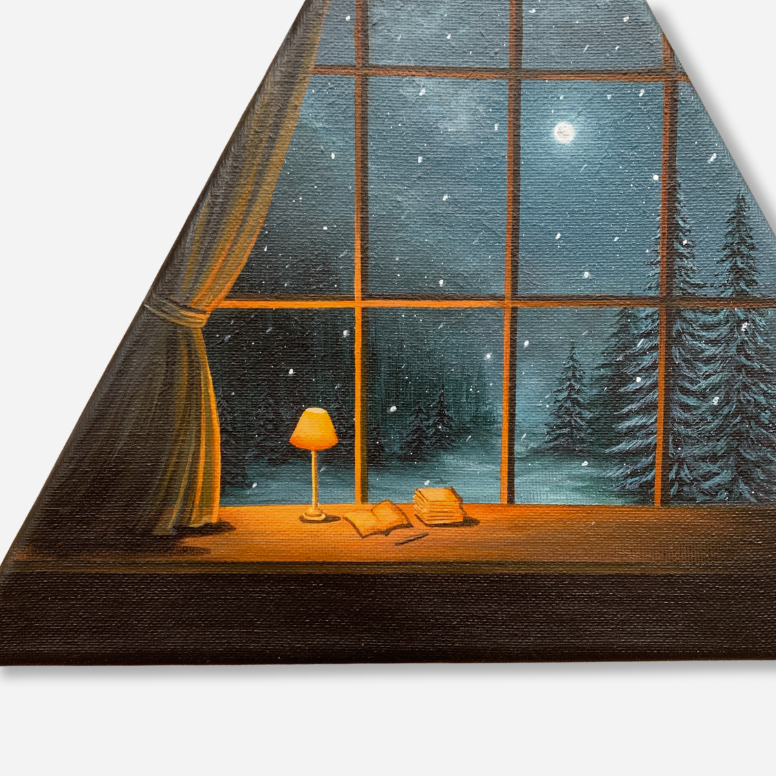 Snowfall Pine Trees Landscape in a Full Moon Night Sky through the Window of Warm and Cozy Room