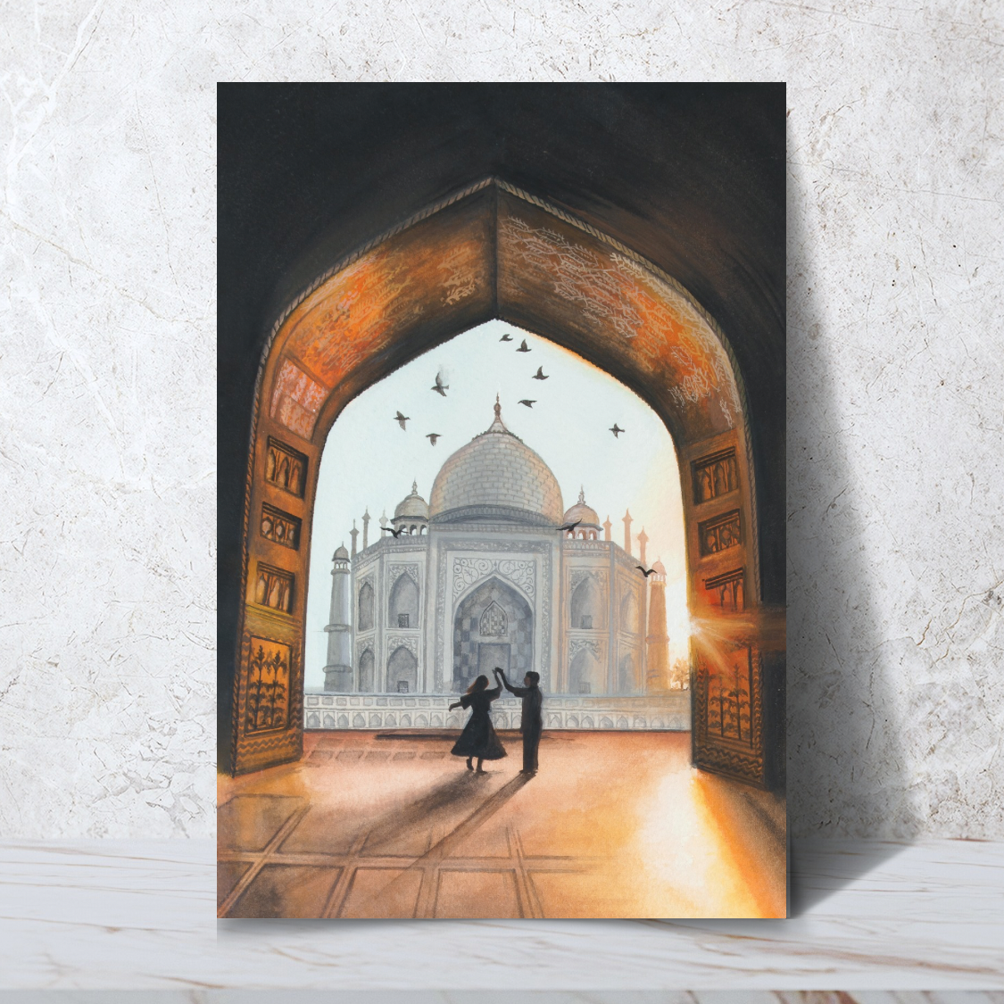 Taj Mahal Painting Wall Decor for Living Room, Romantic Couple Dancing under Sunset Art Print for Indoor Decor, Cute Couple Gift for Her