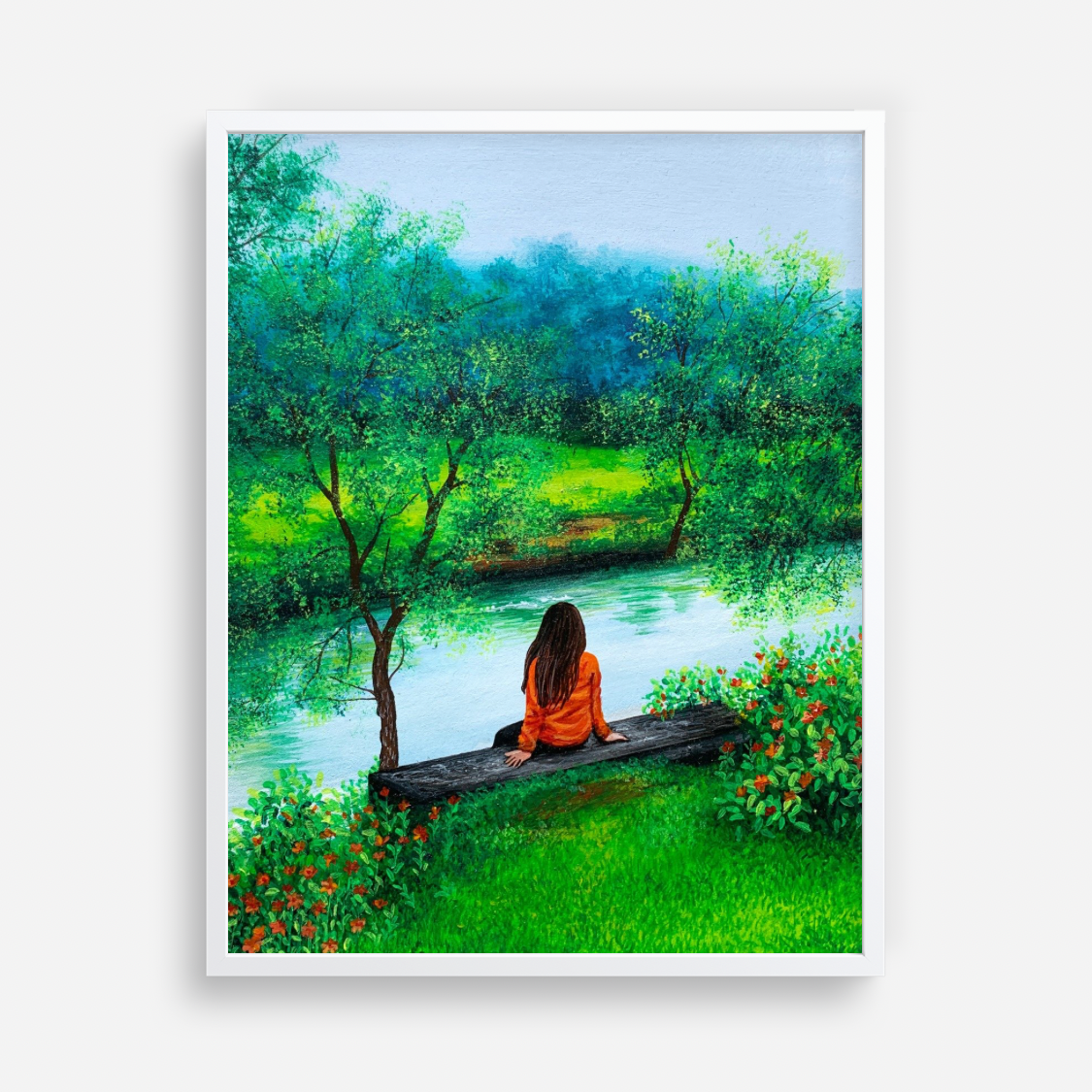 River Landscape Painting Wall Decor for Living Room Young Girl Wildflower Cloudy Sky Forest Landscape Wallpaper Art Print for Home Decor