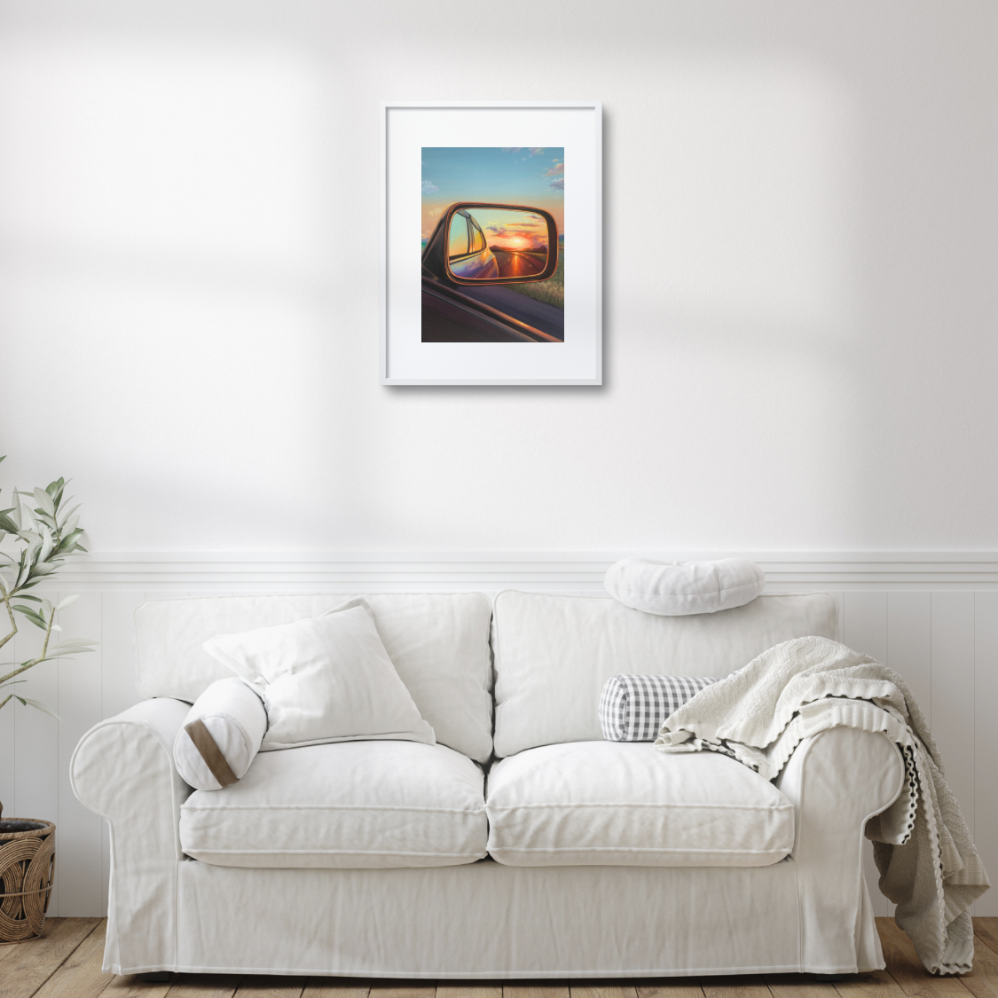 Sunset Painting through Car Mirror for Wall Decor Orange Sun Countryside Landscape Art Print for Home Decor Cloud Wallpaper for Living Room