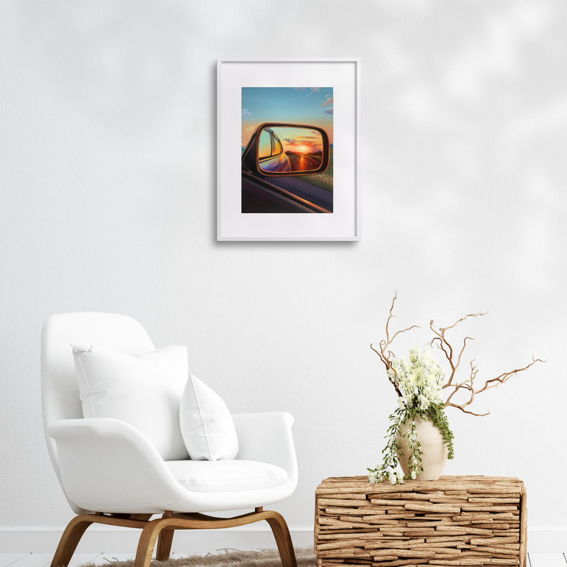 Sunset Painting through Car Mirror for Wall Decor Orange Sun Countryside Landscape Art Print for Home Decor Cloud Wallpaper for Living Room