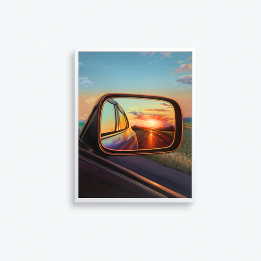 Sunset Painting through Car Mirror for Wall Decor Orange Sun Countryside Landscape Art Print for Home Decor Cloud Wallpaper for Living Room