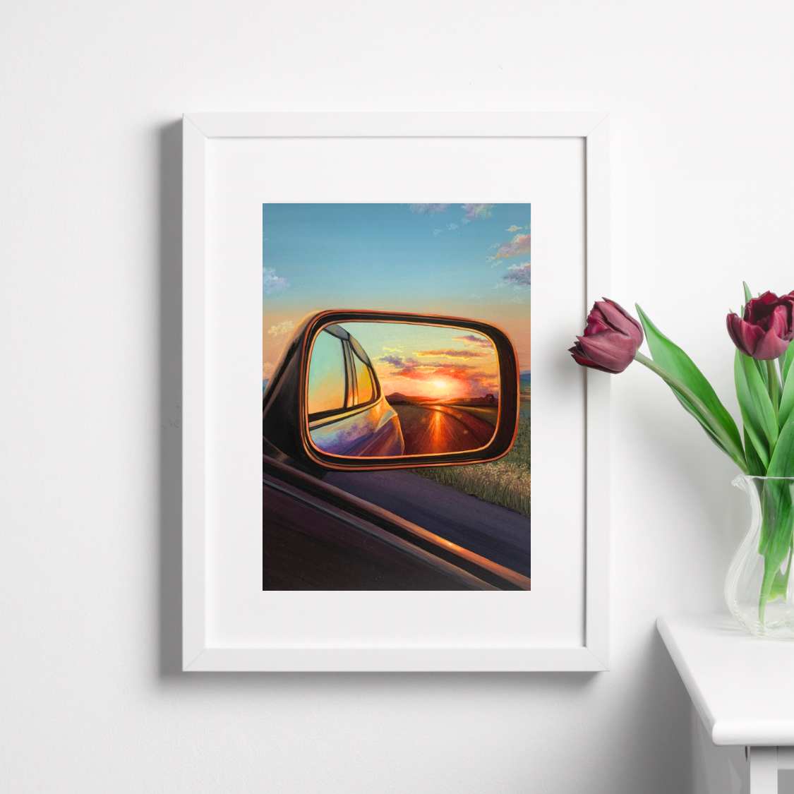 Sunset Painting through Car Mirror for Wall Decor Orange Sun Countryside Landscape Art Print for Home Decor Cloud Wallpaper for Living Room