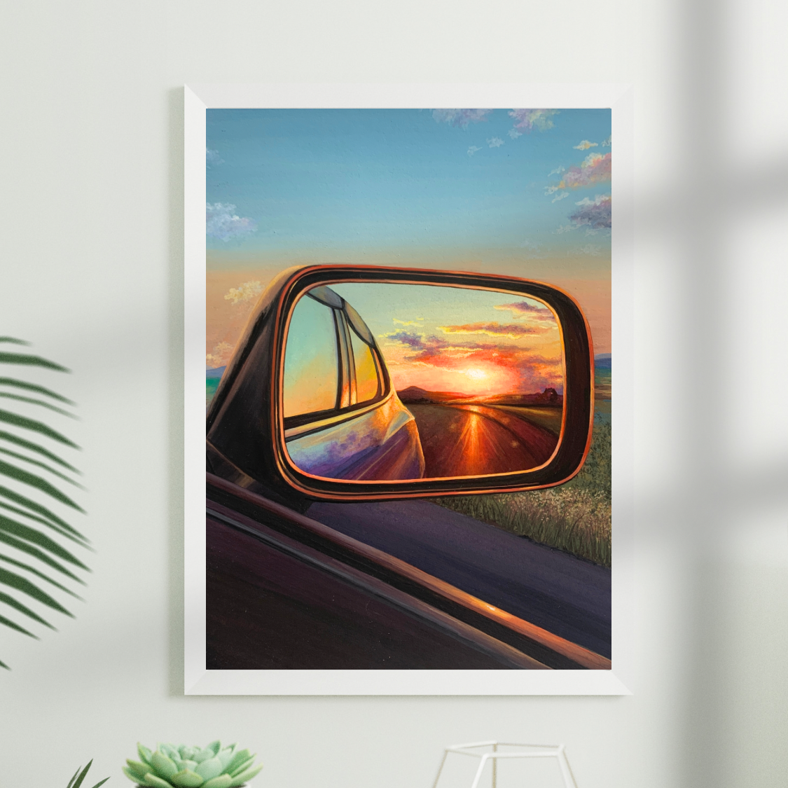 Sunset Painting through Car Mirror for Wall Decor Orange Sun Countryside Landscape Art Print for Home Decor Cloud Wallpaper for Living Room