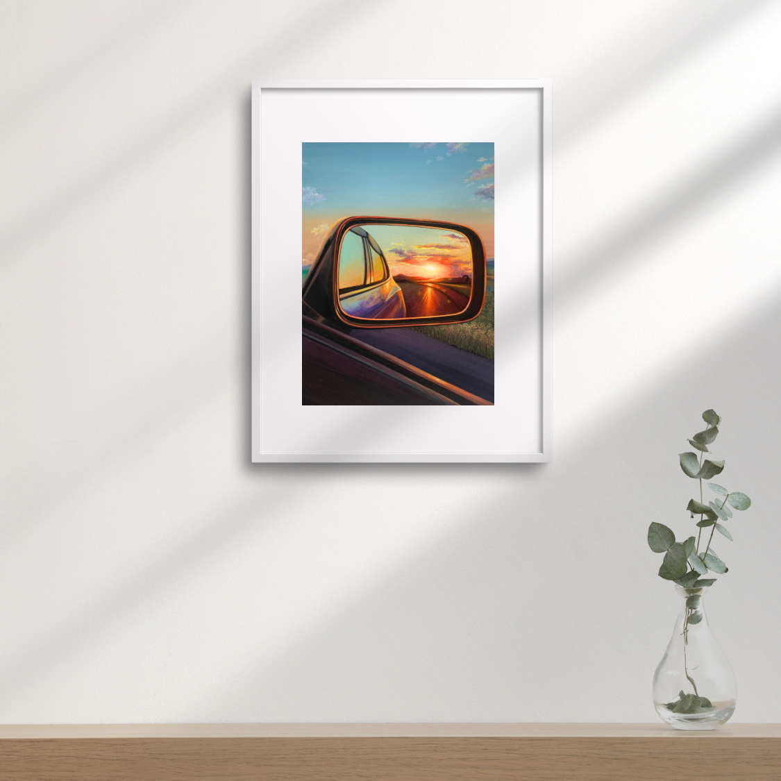 Sunset Painting through Car Mirror for Wall Decor Orange Sun Countryside Landscape Art Print for Home Decor Cloud Wallpaper for Living Room