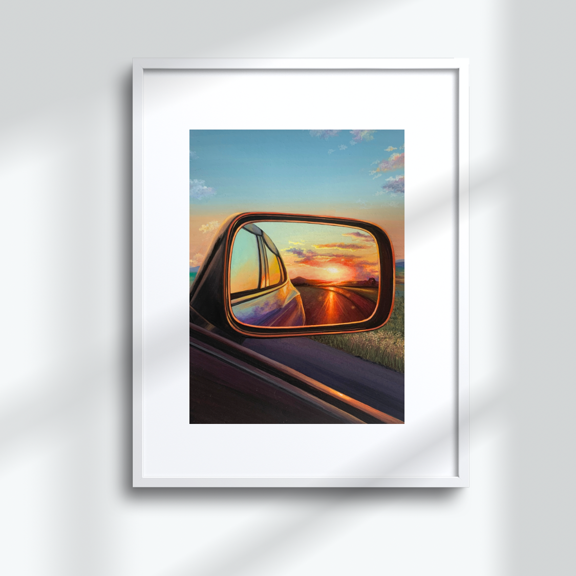 Sunset Painting through Car Mirror for Wall Decor Orange Sun Countryside Landscape Art Print for Home Decor Cloud Wallpaper for Living Room