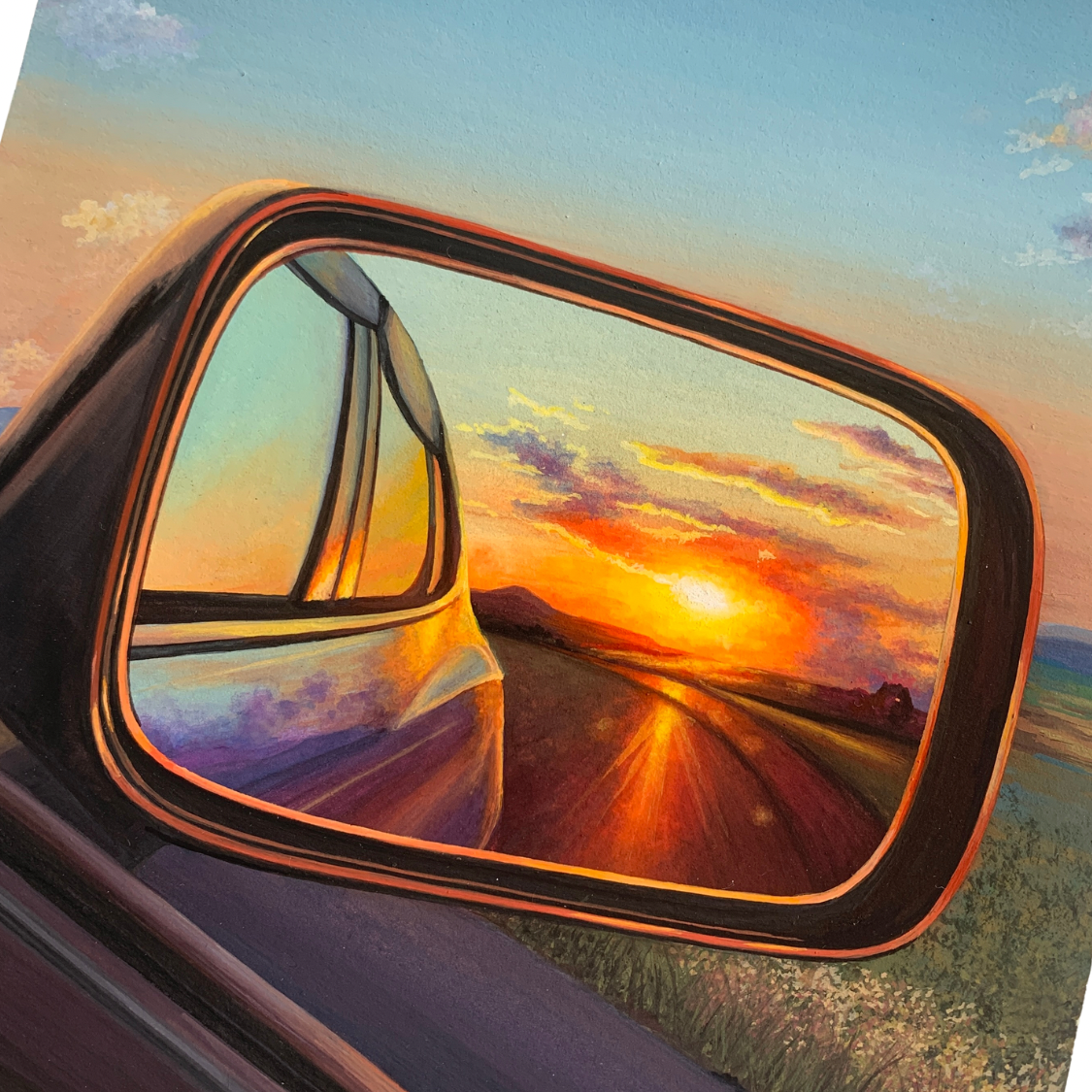 Sunset Painting through Car Mirror for Wall Decor Orange Sun Countryside Landscape Art Print for Home Decor Cloud Wallpaper for Living Room