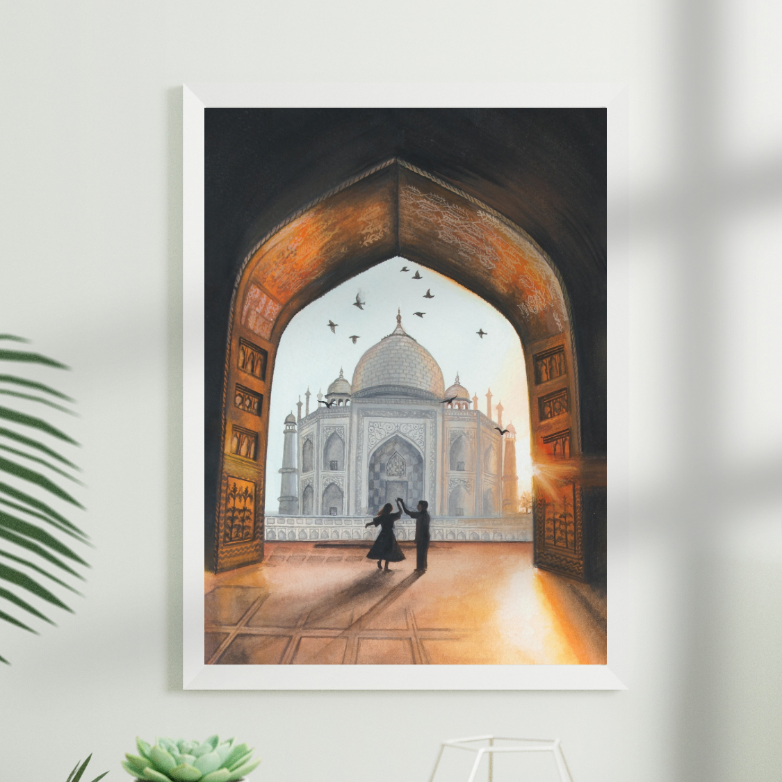 Taj Mahal Painting Wall Decor for Living Room, Romantic Couple Dancing under Sunset Art Print for Indoor Decor, Cute Couple Gift for Her