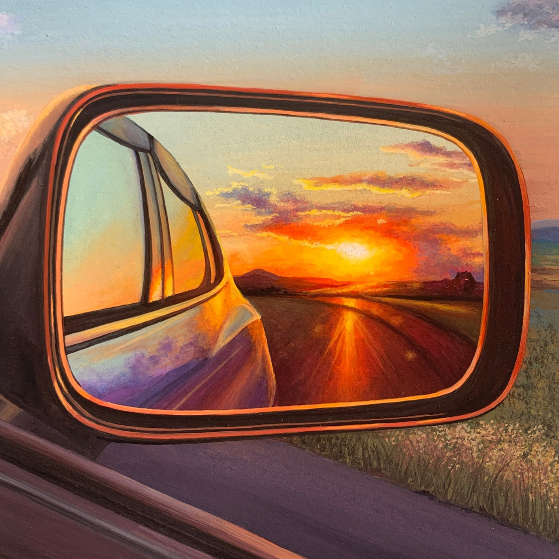 Sunset Painting through Car Mirror for Wall Decor Orange Sun Countryside Landscape Art Print for Home Decor Cloud Wallpaper for Living Room