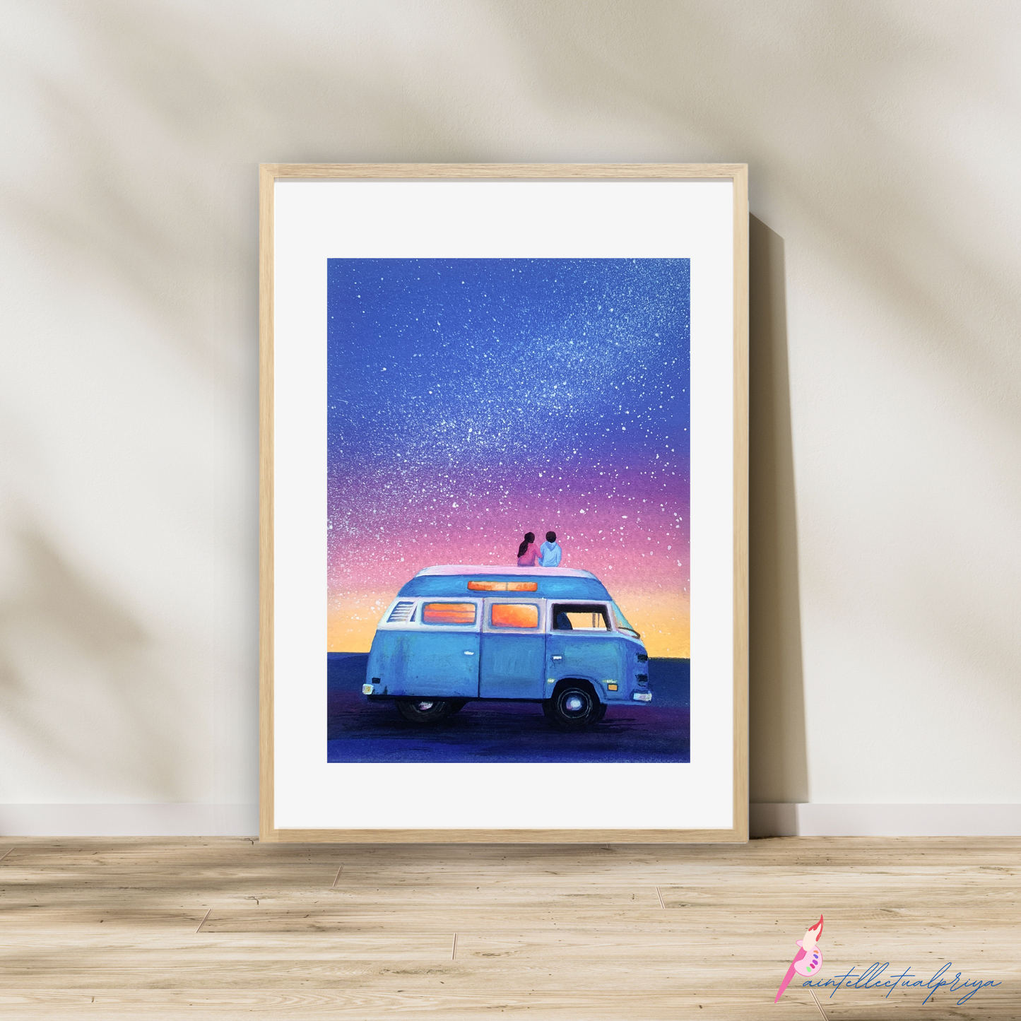 Starry Serenity: Art Print of Couple Embracing the Celestial Night