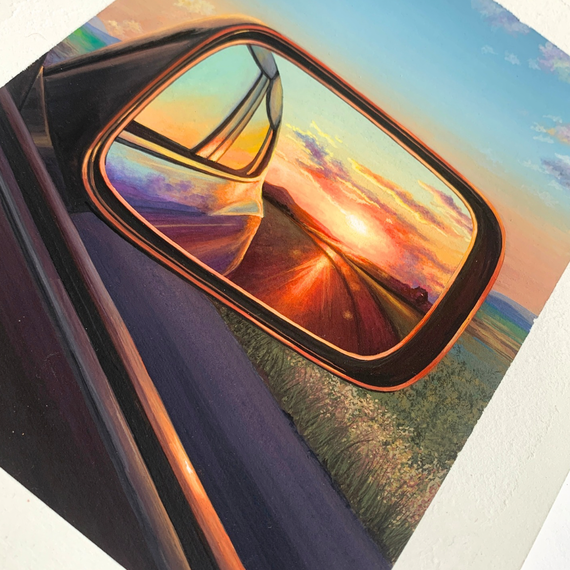 Sunset Painting through Car Mirror for Wall Decor Orange Sun Countryside Landscape Art Print for Home Decor Cloud Wallpaper for Living Room