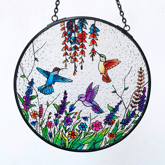 Hummingbirds and Wild Flowers Stained Glass Suncatcher for Indoor Decor and Window Hanging