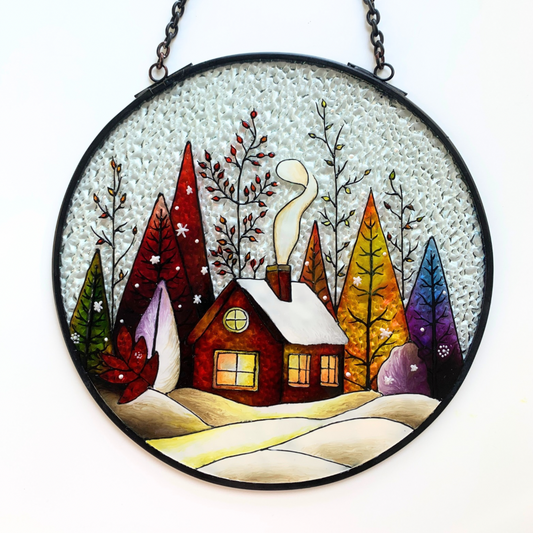 Snow Landscape Stained Glass Suncatcher for Indoor Decor and Window Hanging