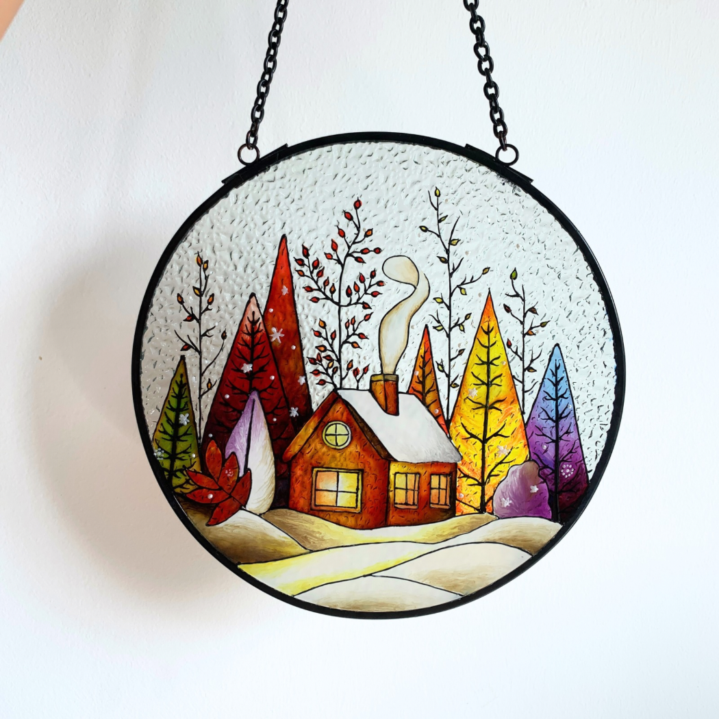 Snow Landscape Stained Glass Suncatcher for Indoor Decor and Window Hanging