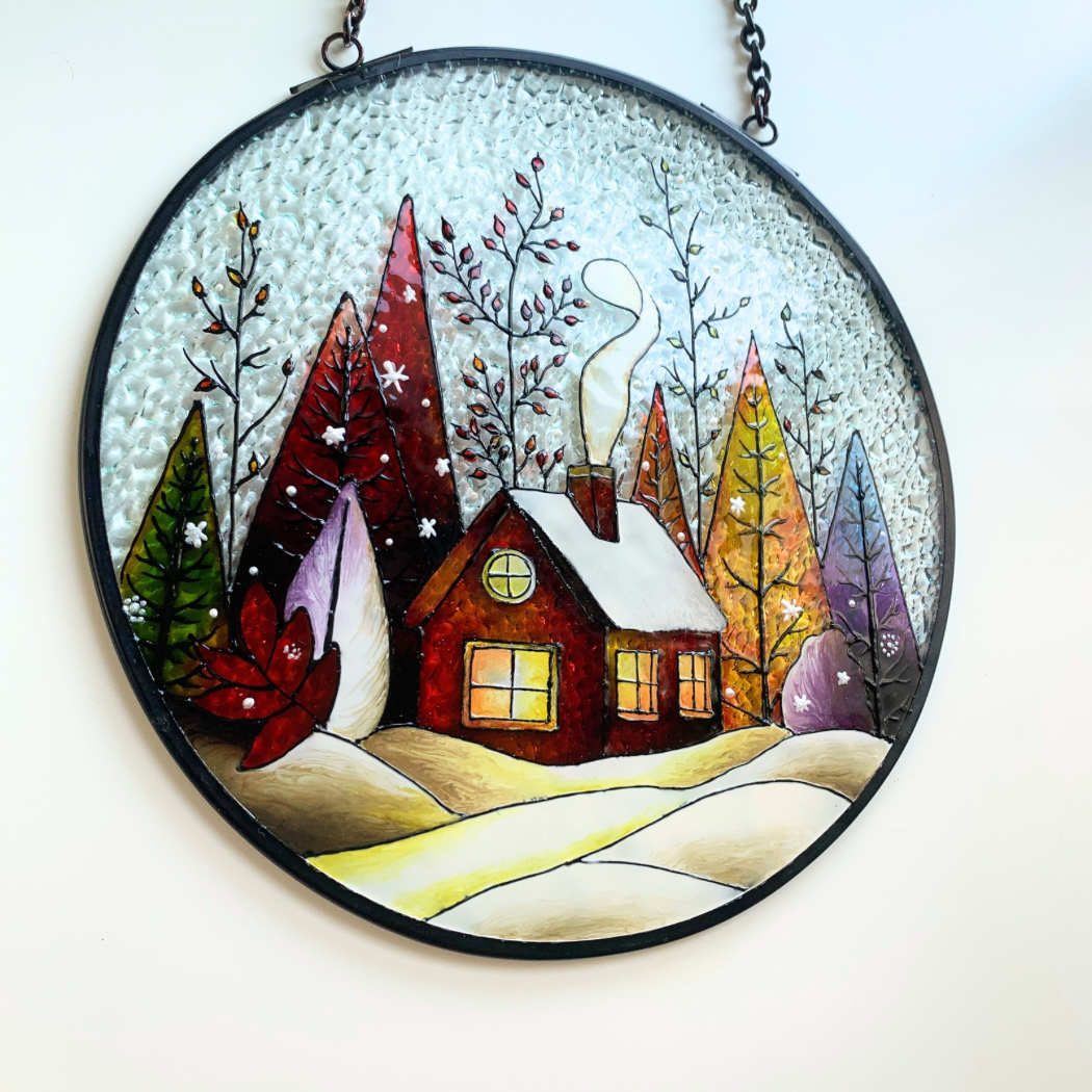 Snow Landscape Stained Glass Suncatcher for Indoor Decor and Window Hanging