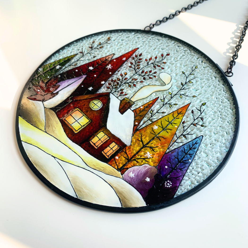 Snow Landscape Stained Glass Suncatcher for Indoor Decor and Window Hanging