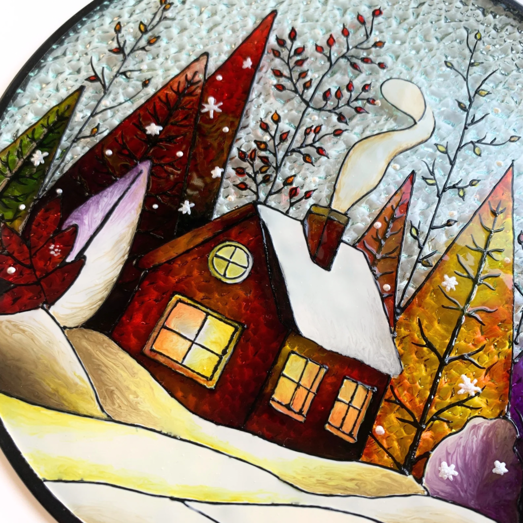 Snow Landscape Stained Glass Suncatcher for Indoor Decor and Window Hanging