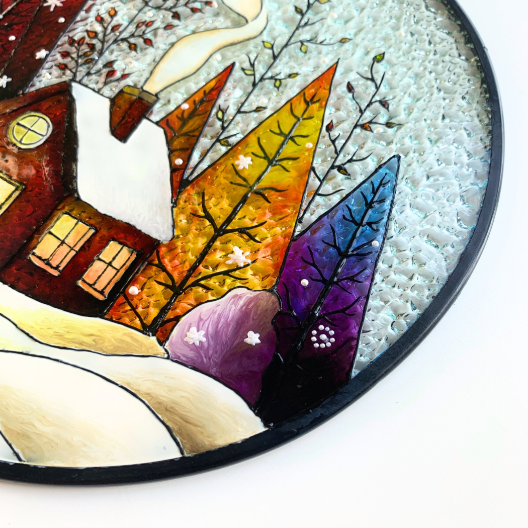 Snow Landscape Stained Glass Suncatcher for Indoor Decor and Window Hanging