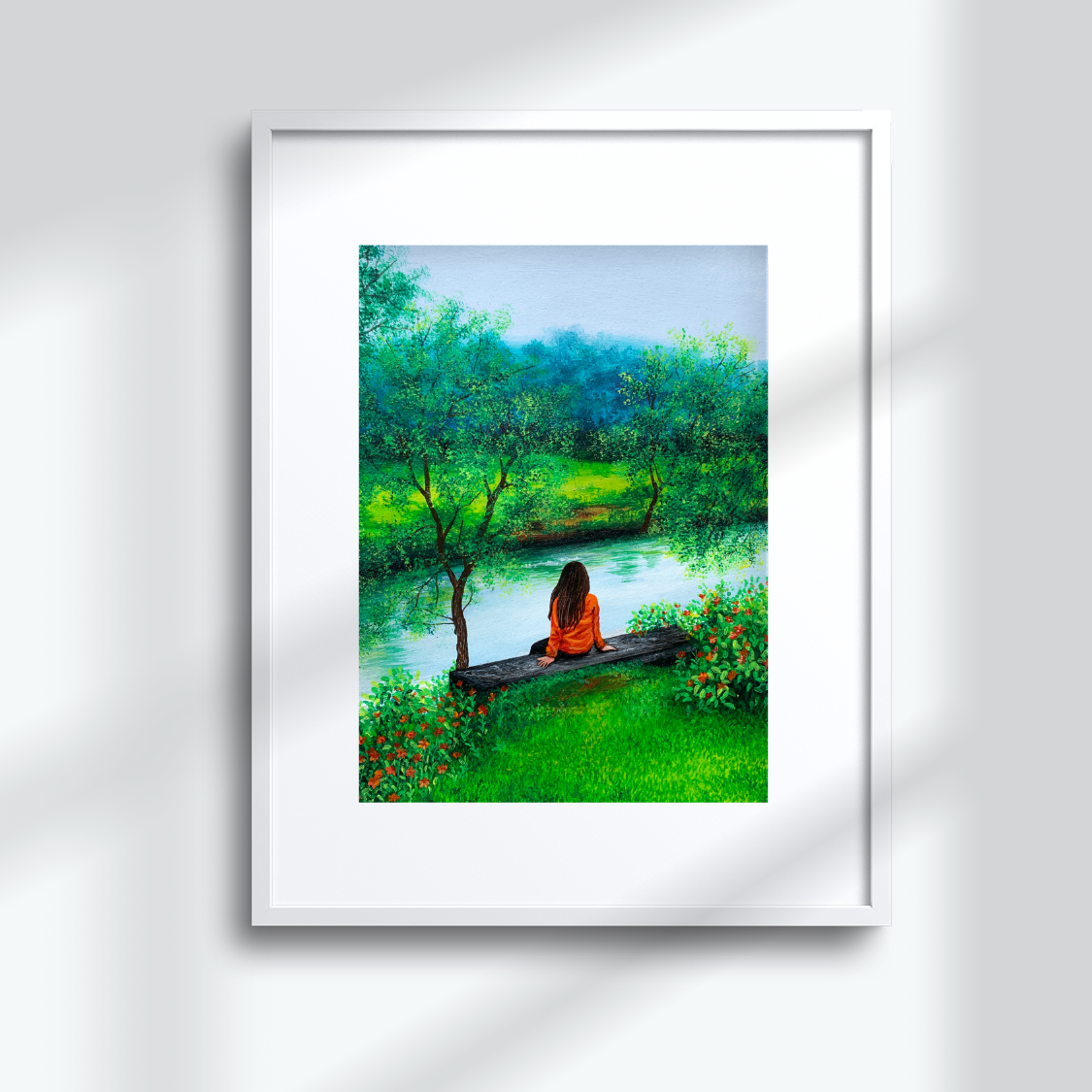 River Landscape Painting Wall Decor for Living Room Young Girl Wildflower Cloudy Sky Forest Landscape Wallpaper Art Print for Home Decor