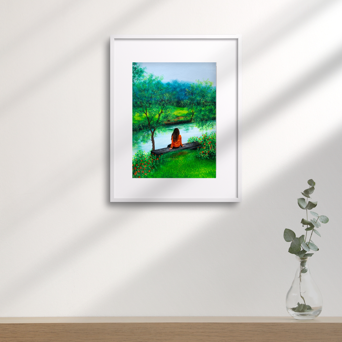 River Landscape Painting Wall Decor for Living Room Young Girl Wildflower Cloudy Sky Forest Landscape Wallpaper Art Print for Home Decor