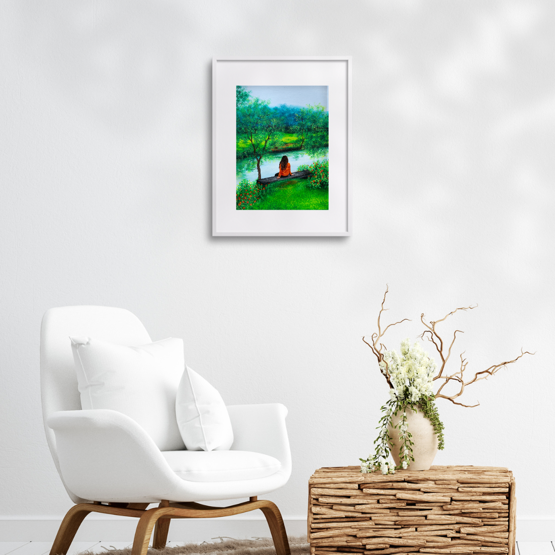 River Landscape Painting Wall Decor for Living Room Young Girl Wildflower Cloudy Sky Forest Landscape Wallpaper Art Print for Home Decor