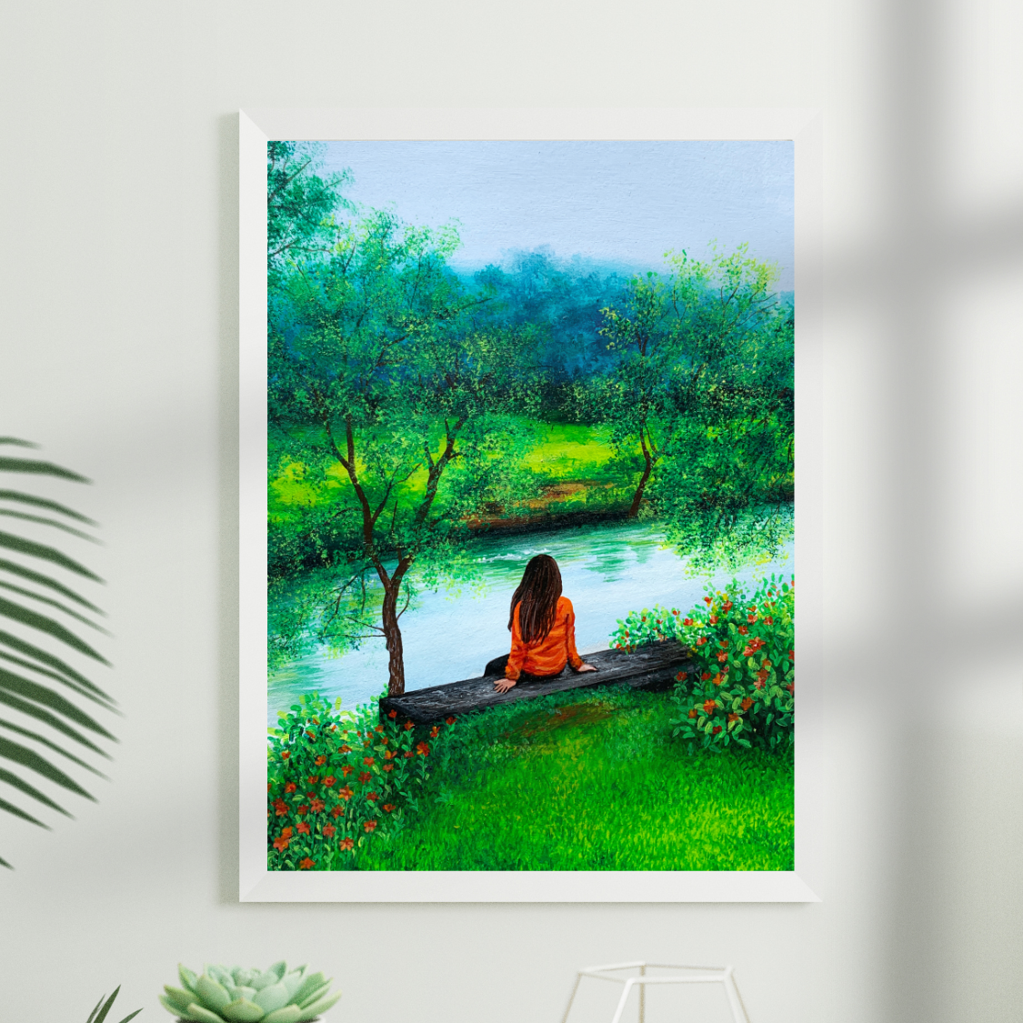 River Landscape Painting Wall Decor for Living Room Young Girl Wildflower Cloudy Sky Forest Landscape Wallpaper Art Print for Home Decor