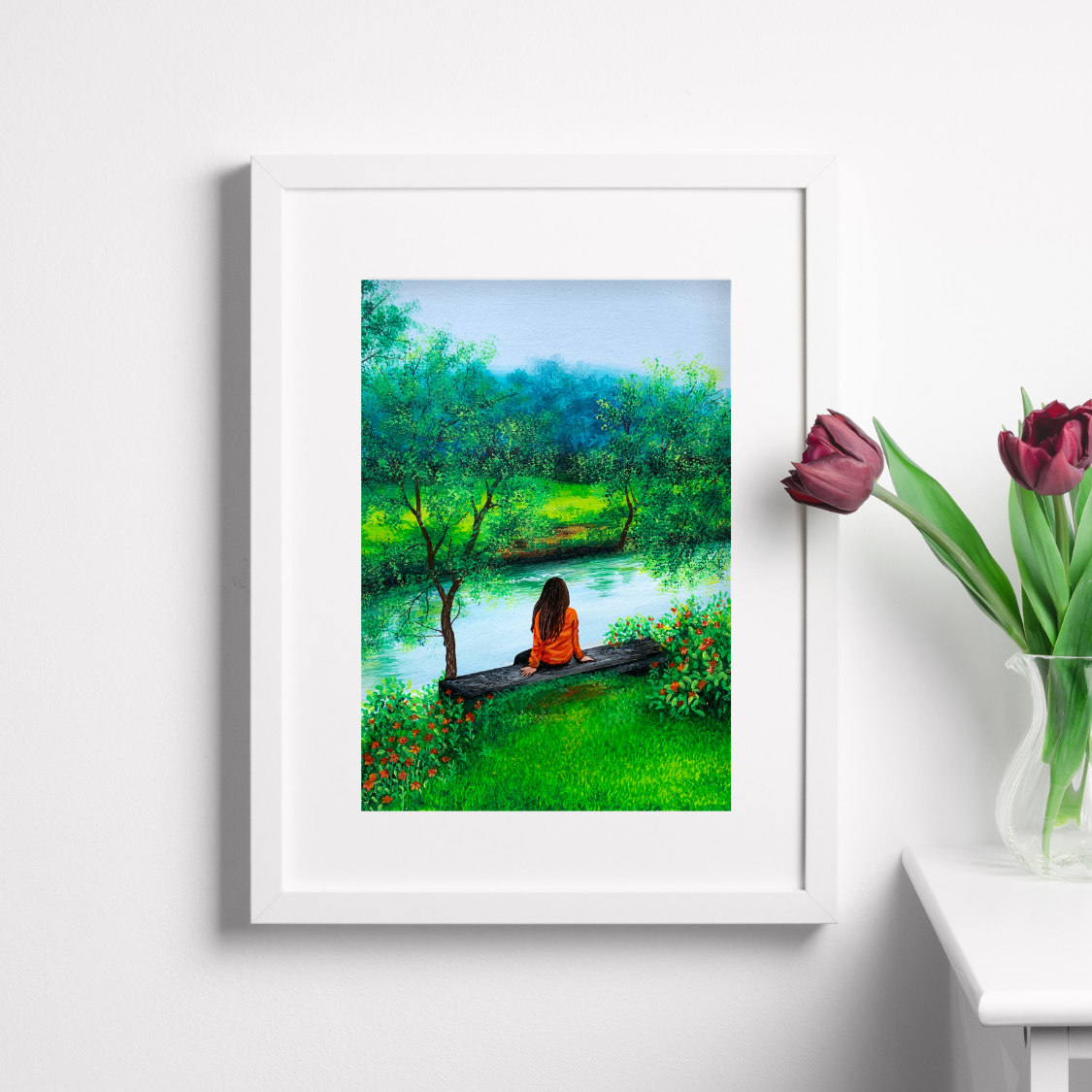 River Landscape Painting Wall Decor for Living Room Young Girl Wildflower Cloudy Sky Forest Landscape Wallpaper Art Print for Home Decor