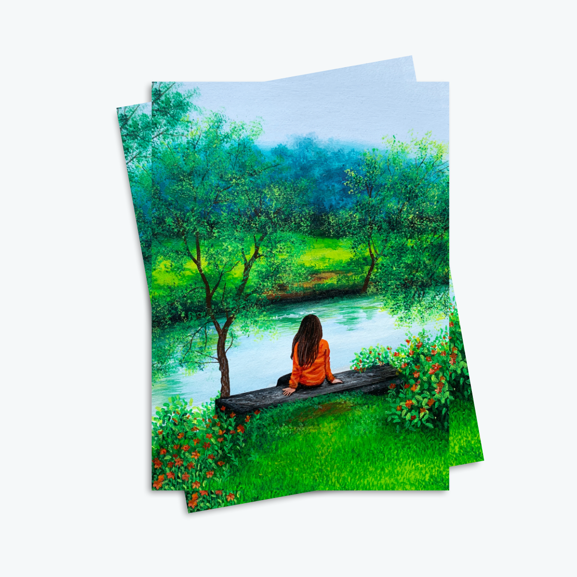 River Landscape Painting Wall Decor for Living Room Young Girl Wildflower Cloudy Sky Forest Landscape Wallpaper Art Print for Home Decor